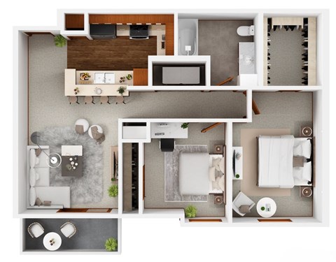 A 3D floor plan of a house showing the layout of the rooms.